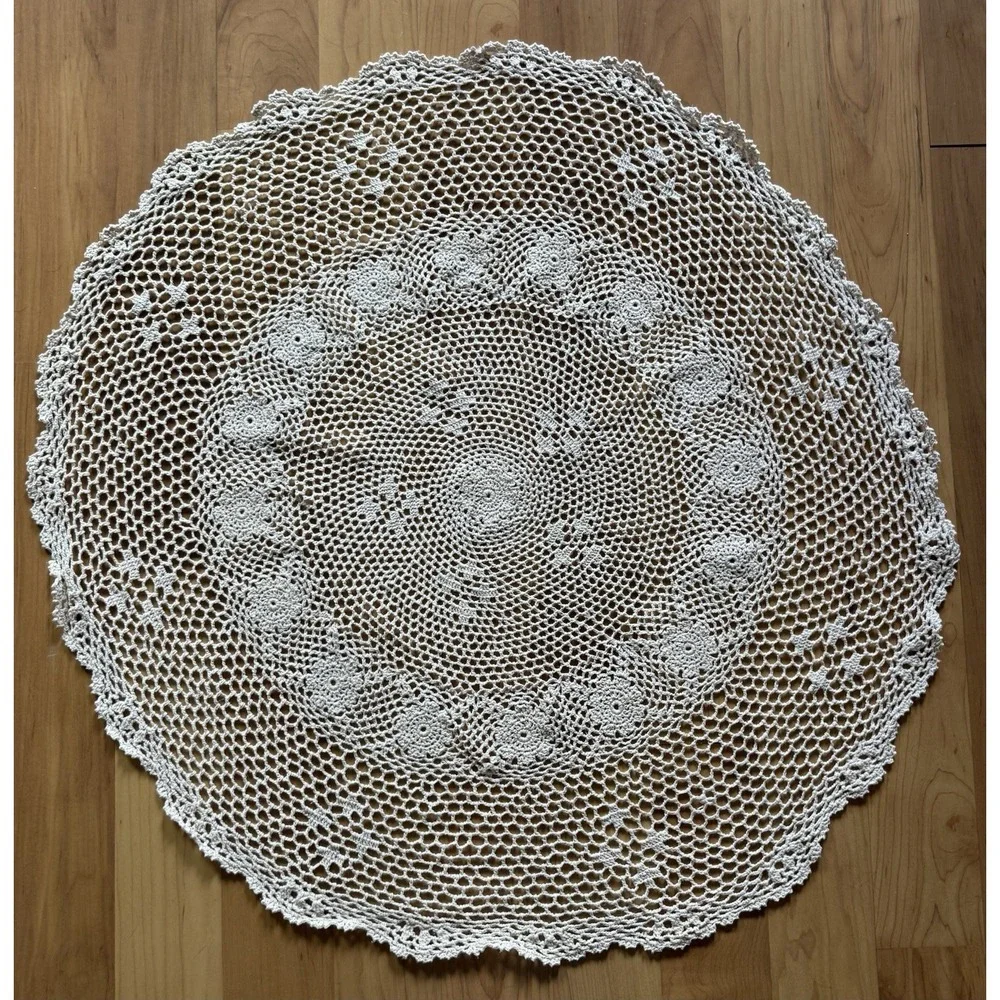 Set of 2 Hand Crocheted Lace Table Toppers Round Cottagecore Farmhouse Decor